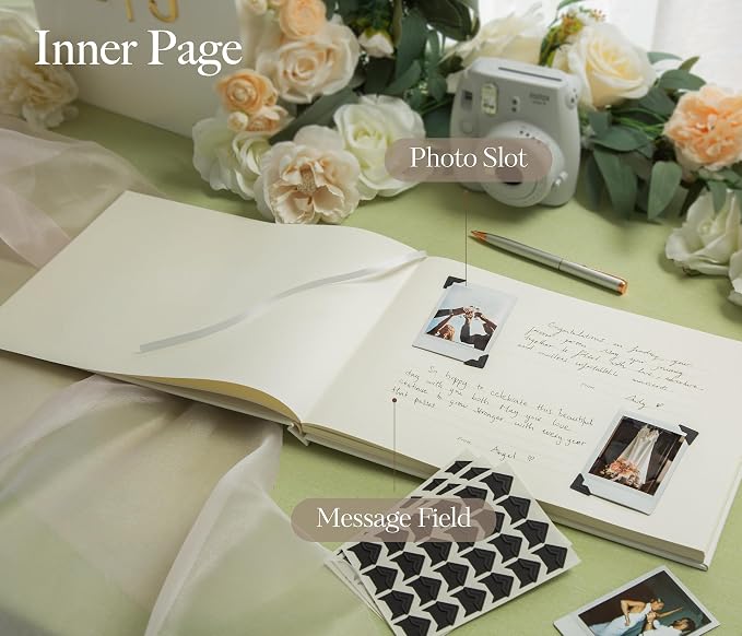 Wedding Photo Guest Book (Eggshell) - 11.5x8.5" White Reception Memory Book | Includes Black Photo Corner Stickers | 140 GSM Thick Paper | 120 Photo Slot & Lined Pages | Hardcover Photo Booth Album - Image 4