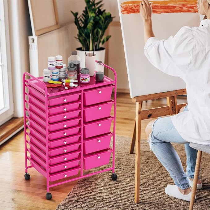 DREAMADE Rolling Cart with 15 Drawers, Rolling Drawer Organizer Cart w/Lockable Wheels, Removable & 2-Sized Storage Drawers, Art Cart for School Home Art Supplies Crafts File Scrapbook - Image 2