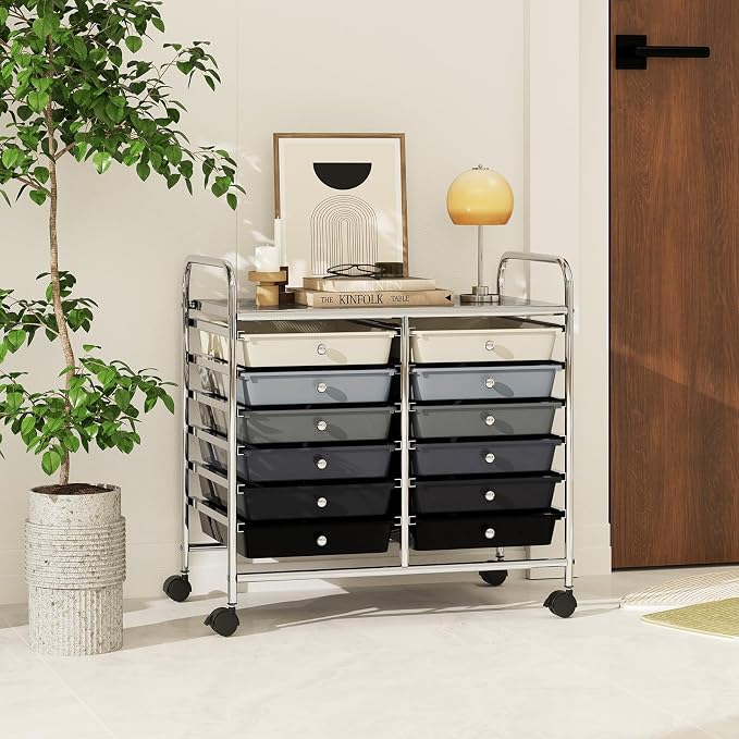 RELAX4LIFE 12-Drawer Rolling Storage Cart - Mobile Utility Cart on Wheels for School Classroom Teacher Office Salon, Paper File Art Supply Craft Organizer, Rolling Cart with Drawers (Gradient Black) - Image 2