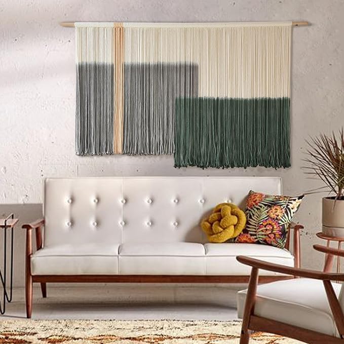 Macrame Wall Hanging Green Large Dip Dye Fiber Wall Art Bohemian Yarn Tapestry Wall Décor 57''W*35''L | Hand Dyed Yarn Wall hanging, Green Dip Dye Design, Boho farmhouse style, for Living Room Bedroom office entryway, home decor - Image 3