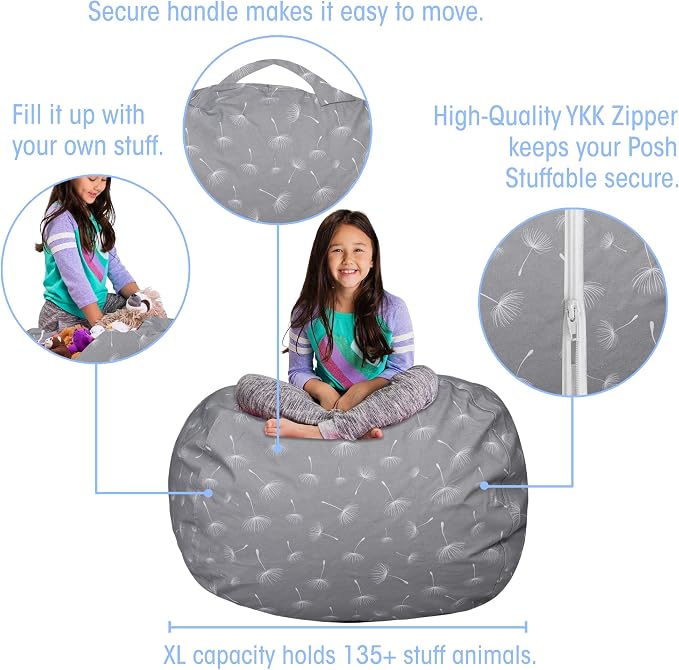 Posh Creations Kids Stuffed Animal Storage Bean Bag Chair Cover - Childrens Toy Organizer, X-Large-48in, Canvas White Dandelions on Gray - Image 2