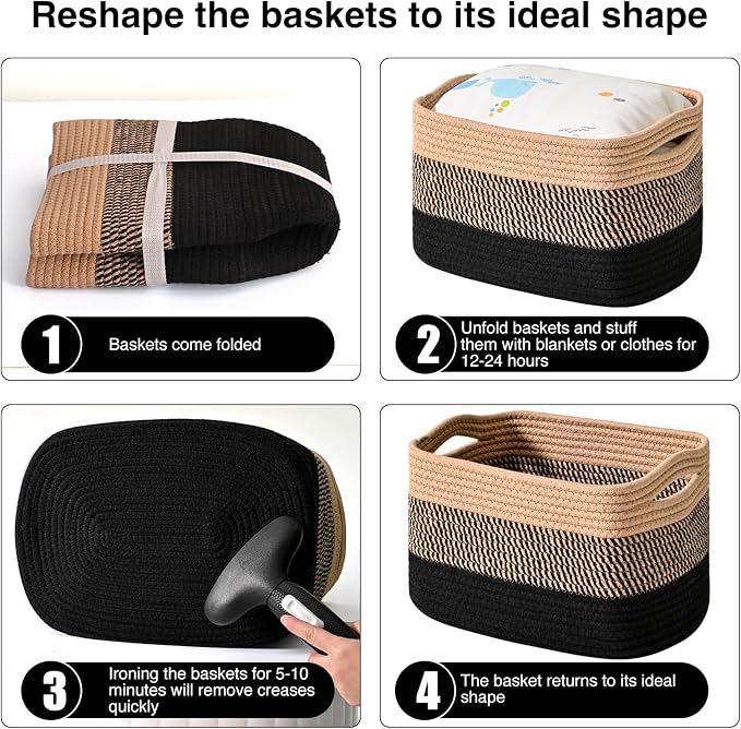 ICERZCZ Storage Baskets for Organizing Shelves, Decorative Baskets for Storage, Woven Cotton Rope Basket for Living Room Bedroom Nursery, 15"x11"x9.5", 3 Packs, Gradient Black & Jute - Image 7