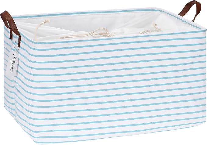 Hinwo 70L Extra Large Canvas Storage Bin with Lid and Handles | Collapsible Fabric Basket, Closet Shelf Organizer, Container for Clothing, Blankets, Toys, Bedding (Aqua Stripe) by Hinwo