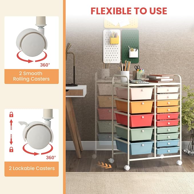 GOFLAME 15-Drawer Rolling Storage Cart, Craft Storage Cart with Removable Drawers & Lockable Wheels, Art Cart Supply Storage Organizer for Home Office Classroom, Macaron Color - Image 5