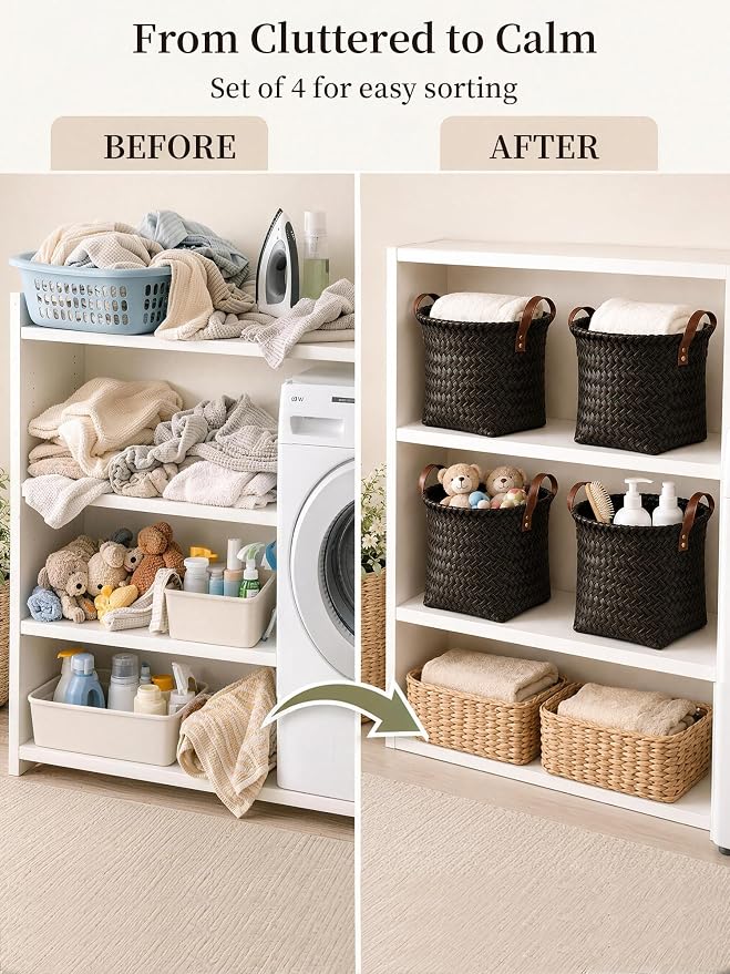 Wicker Storage Baskets, 4 Pack Woven Baskets for Shelves, Dark Gold | PP Rattan, Water-resistant Wicker Basket, Large Baskets with Faux Leather Handles for Blanket, Laundry Organizer, Room Decor - Image 6