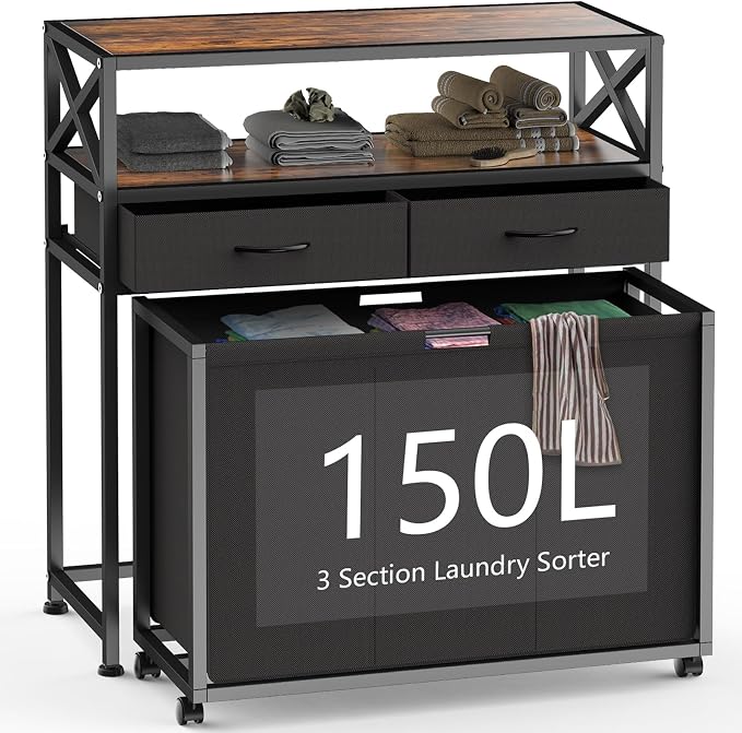 150L Laundry Sorter Hamper 3 Section with 2 Shelves & 2 Drawers | 3 Compartment Clothes Storage Organizer Cart, Pull-Out Removable Oxford Fabric Bags by Ollieroo