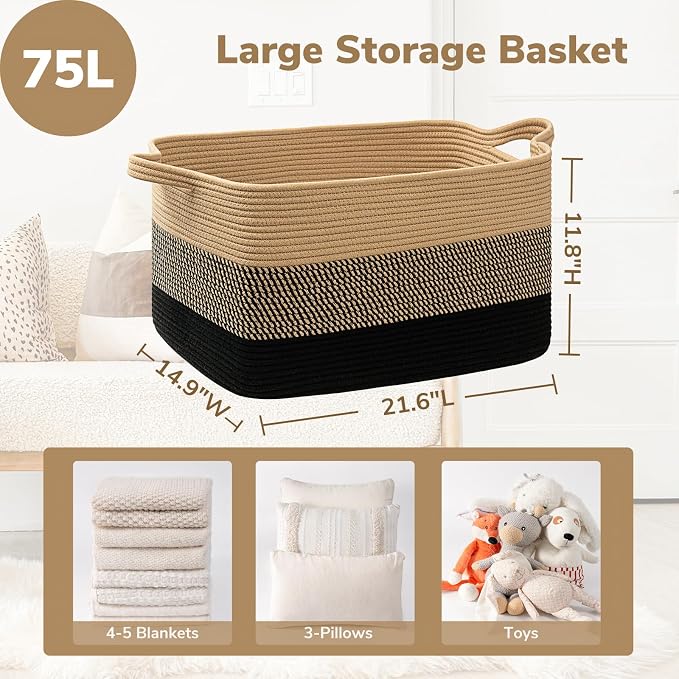 Goodpick Large Woven Blanket Basket, Rectangle, Black Jute, 75L | 21.6'' x 14.9'' x 11.8'' Wicker Storage Basket for Blankets & Toys, Living Room & Bedroom Organization, Reinforced Handles - Image 3