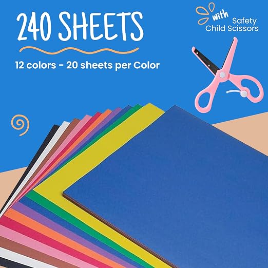 Craftzilla Arts and Crafts Kit for Kids – 11 Colored Masking Tape Rolls, 240 Sheets Construction Paper Assorterd Colors, Kid-Safe Scissors – All-in-One Kids Art Supplies Set - Arts and Craft Supplies - Image 4