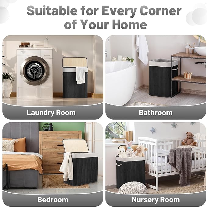 Aliphon 72L Slim Laundry Hamper with Lid, Foldable Bamboo Clothes Laundry Basket with Handles, Removable and Machine Washable Liner, for Bedroom, Bathroom, Dorm, Ink Black - Image 3