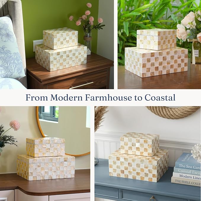 12"x8" Capiz Shell Decorative Boxes with Lids, Ivory, Set 2 | Lidded Storage Keepsake Boxes For Photos, Letters & Jewelry, Decorative Beige Keepsake Trunk, Trinket Boxes For Home Decor - Image 4