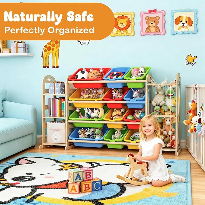Kids Toy Storage Organizer, Toy Organizers and Storage with Stuffed Animal Storage, Toy Storage Shelf with 3 Shelves, 12 Storage Bins, Kids Bookshelf, Toy Holder for Playrooms, Bedrooms, Multi Color - Image 3