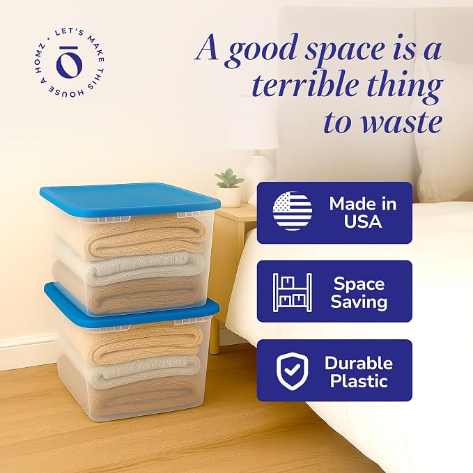 HOMZ 2-Pack Snaplock, Large Clear Plastic Storage Organizer Bins w/Lids, 56 Quart, Blue - Stackable Container Boxes for Bedroom, Bathroom, Garage, and Office Organization - Image 5
