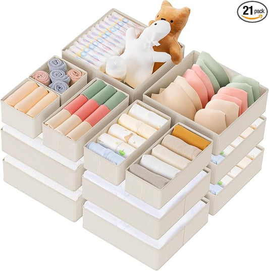 Drawer Organizer Clothes, 21 Pack Dresser Organizer for Baby Clothes, Underwear, Sock - Foldable Closet Organization and Storage Dividers Bins for Nursery, Bedroom (Oatmeal) by Criusia