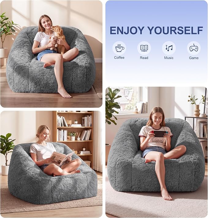 Hobestluk Bean Bag Chair Plush Cozy Chair Armrest Living Room Adult Grey | Memory Foam Filled Oversized Large Cozy Comfy Plush Chair Lazy Sofa Living Room Bedroom Dorm Reading Gaming Washable cover - Image 4