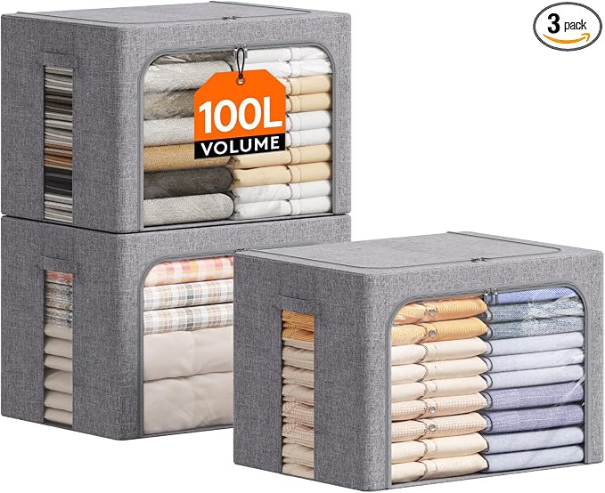 Lifewit Clothes Storage Bins with Metal Frame, Stackable Storage Box, Foldable Clothing Storage Bins with Lids, 100L Storage Bags Fabric Box Organizer with Clear Window＆ Zippers＆ Sturdy Handles 3 Pack by Lifewit
