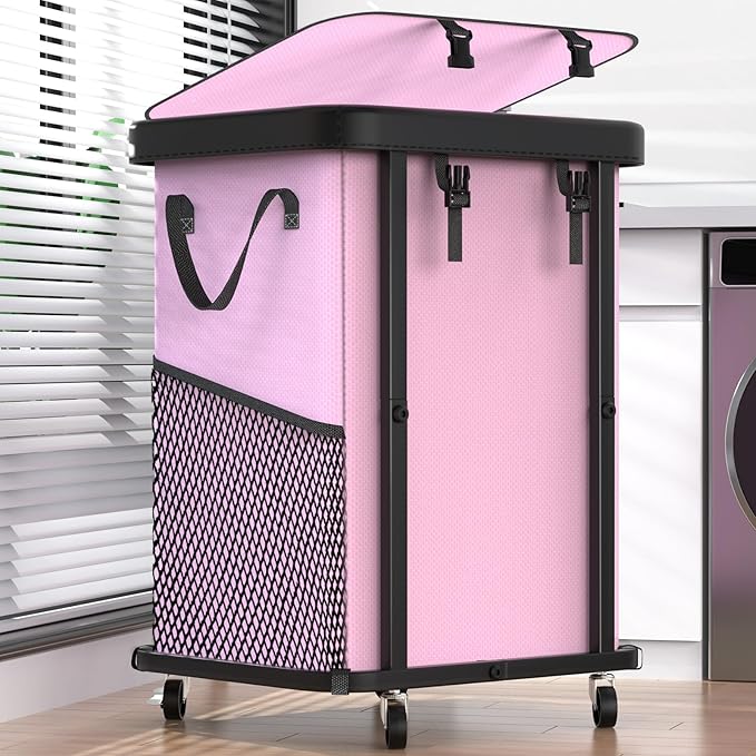 Laundry Basket with Wheels,150L (40 Gal) Rolling Hamper Carts - Pink | Leather Patchwork Laundry Hamper,Sturdy Metal Frame, Removable Washable Bag, Tall Clothes Sorter for Bedroom, Laundry Room by Unlockyourhomestoragelife