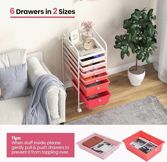 Giantex 6 Storage Drawer Cart Rolling Organizer Cart for Tools Scrapbook Paper Home Office School Multipurpose Mobile Utility Cart (Pink Gradient) - Image 8