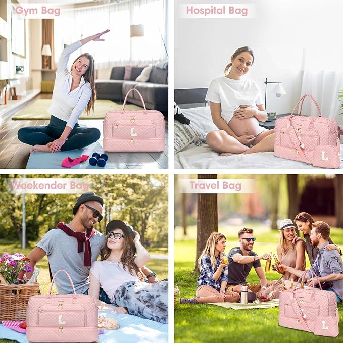 Initial Travel Duffle Bag for Women - Pink Personalized Weekender bags Overnight Bag with Shoe Compartment & Wet Pocket Weekend Tote Bags with Toiletry Bag Monogram Xmas Gifts (Letter M) - Image 6