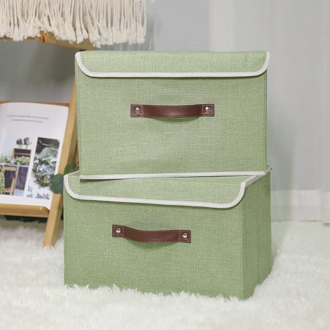 ANMINY Fabric Storage Box Bins with Lids, Green, 13"x9"x7.9", 4 Pack | Keepsake Memory Storage, Cotton Linen, PP Board Reinforced, Washable, PU Handles, Foldable & Stackable, Decorative, Medium - Image 2