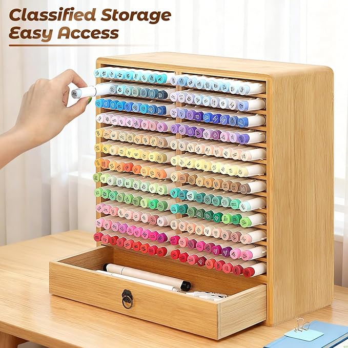 Marker Organizer, 24 Slots Wooden Storage for Up to 216 Markers with Drawer | Art Supply Alcohol Pen Storage Desktop Bamboo Marker Holder,Keeping Color Visible,Easy to Reach in Home Office and Classroom. - Image 6