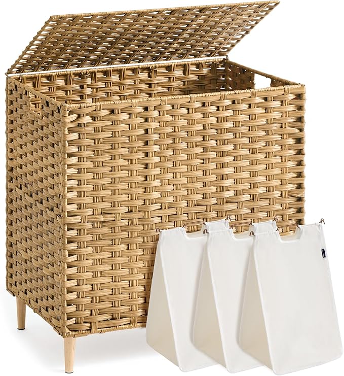 SONGMICS 3-Section Laundry Hamper with Lid, 42.2 Gal (160L) PE Rattan Laundry Basket with Removable Washable Liners, for Bedroom & Living Room, Goose Yellow ULCB223YE01 by Unknown