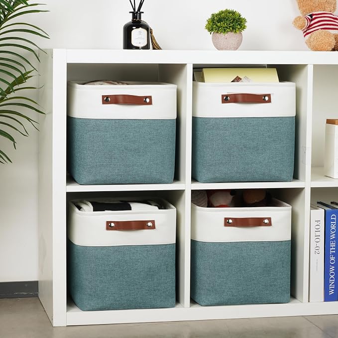 DULLEMELO 11x11 Cube Storage Bins for Organizer, Foldable Cube Storage Bins for Organizing Home Office Closet Shelves, Fabric Cube Baskets for Home Organization(4 Pack - White&Deep Green) - Image 3