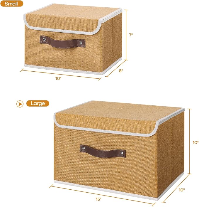 ANMINY Fabric Storage Box Bins with Lids, Khaki, 15"x10"x10", 2 Pack | Keepsake Memory Storage, Cotton Linen, PP Board Reinforced, Washable, PU Handles, Foldable & Stackable, Decorative, Large - Image 5