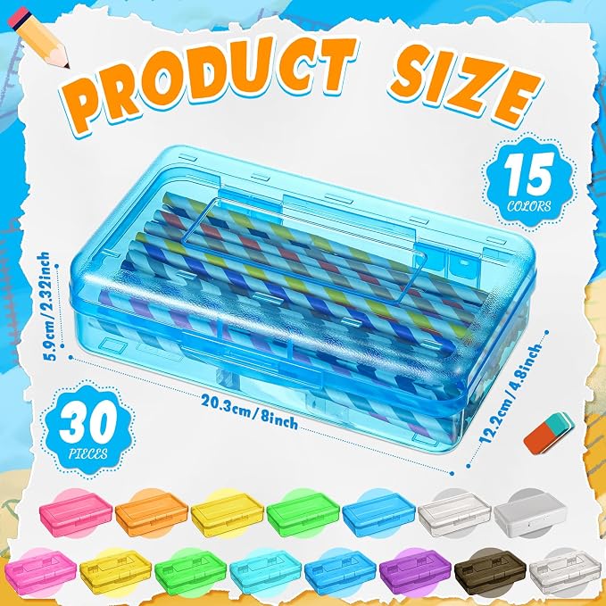 Patelai 30 Pcs Large Capacity Pencil Case Bulk Clear Hard Plastic Pencil Box Organizer with Snap Tight Lid Stackable Crayon Storage Box for Kids School Classroom Home Office 2 Style (Multicolor) - Image 2