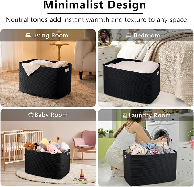 OIAHOMY 118L XXXLarge Cotton Rope Storage Basket, Oversized Blanket Basket, Used for Organizing Dirty Clothes in Living Room, Bedroom, Nursery, Dog Toy Storage Bins, 25" x 17" x 16",Black - Image 5