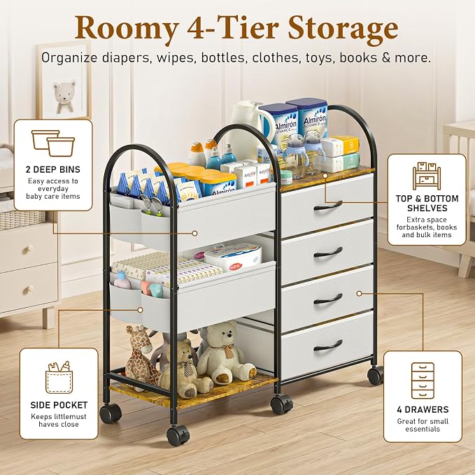 Baby Diaper Caddy Organizer Cart with Wheels, 4-Tier Rolling Diaper Cart with Dividers and Drawers, Multi-Layer Nursery Storage for Diapers & Baby Essentials - Image 4