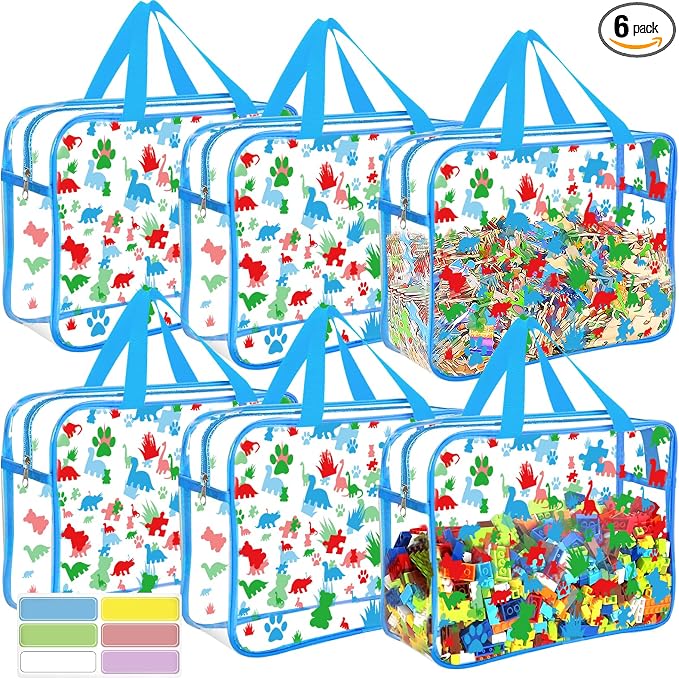 6 Packs Large Toy Storage Bags with Labels, Reusable Clear PVC Storage Bag, Travel Waterproof Organizer Bags (Blue-cute pattern) by OPELETNNT
