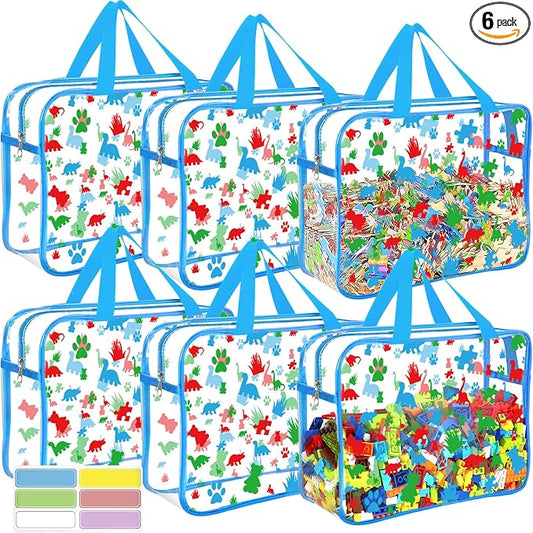 6 Packs Large Toy Storage Bags with Labels, Reusable Clear PVC Storage Bag, Travel Waterproof Organizer Bags (Blue-cute pattern) by OPELETNNT