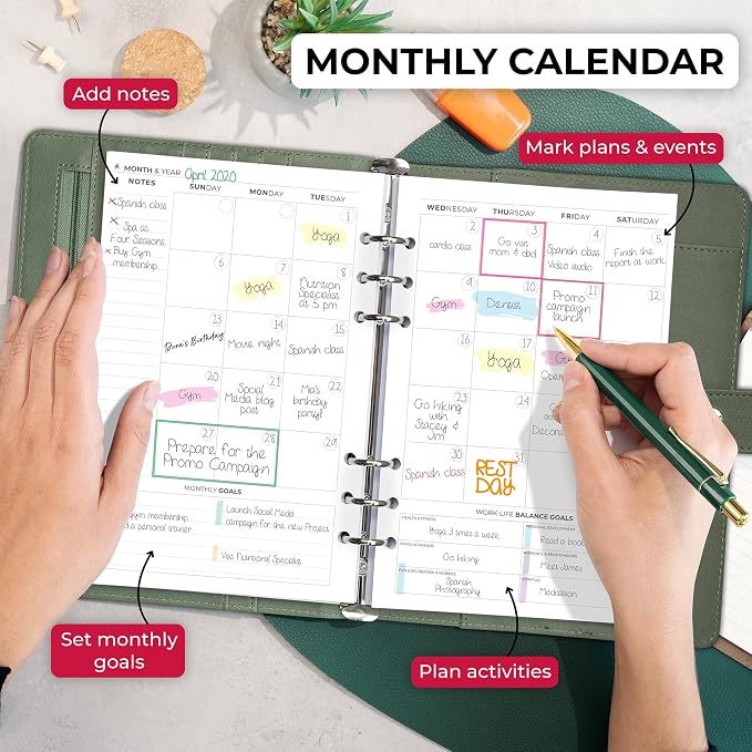 Clever Fox Weekly Planner Binder, Undated Daily A5 Eco Leather Cypress | 7 x 10 in with A5 pages, mini 3 ring portfolio organizer, work time manager, day runner, agenda book with monthly calendars - Image 4