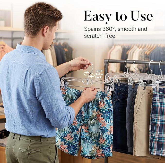 HOUSE DAY Clear Pants Hangers with Clips 12 Pack, Plastic Skirt Hangers for Women, 14 Inch Clip Hanger for Pants, Skirts, Jeans, Shorts, Legging, with 360-degree Swivel Hook, 2 Adjustable Clips - Image 6