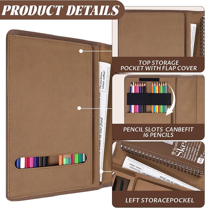 Plinyvel Brown Leather Sketchbook Cover 5.5x8.5, Travel Drawing Portfolio | Portable sketch kit organizer, pencil holder, Fits 5.5x8.5 Sketch Book, Spiral Pad, Compact artist storage case - Image 5