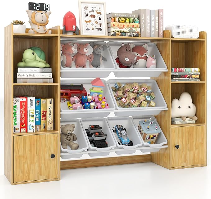 Costzon Kids Toy Storage Organizer w/ 8 Bins, Wooden Toddler Bookcase w/Open Shelves & Cabinet, Multifunctional Toy Storage Cabinet for Kids Room, Nursery & Playroom by Costzon