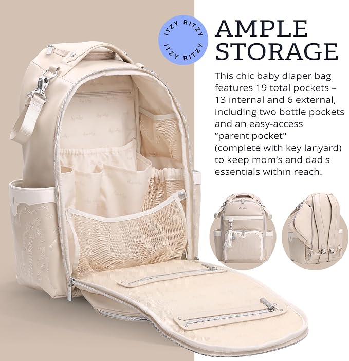 Itzy Ritzy Boss Plus Large Diaper Bag Backpack with 19 Pockets (Oat) | Includes 2 Insulated Bottle Pockets, Changing Pad, Stroller Clips, Comfortable Padded Straps, Easy-to Clean, Travel-Ready - Image 6