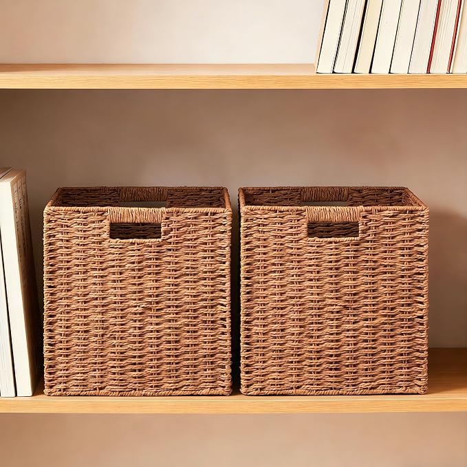 UBBCARE 3 Pack Wicker Basket, 11L×11H×10.5W inch Woven Paper Rope Storage Baskets for Shelves, Foldable Cube Storage bin with Handle, Storage Basket for Organizing & Decor,Caramel - Image 3