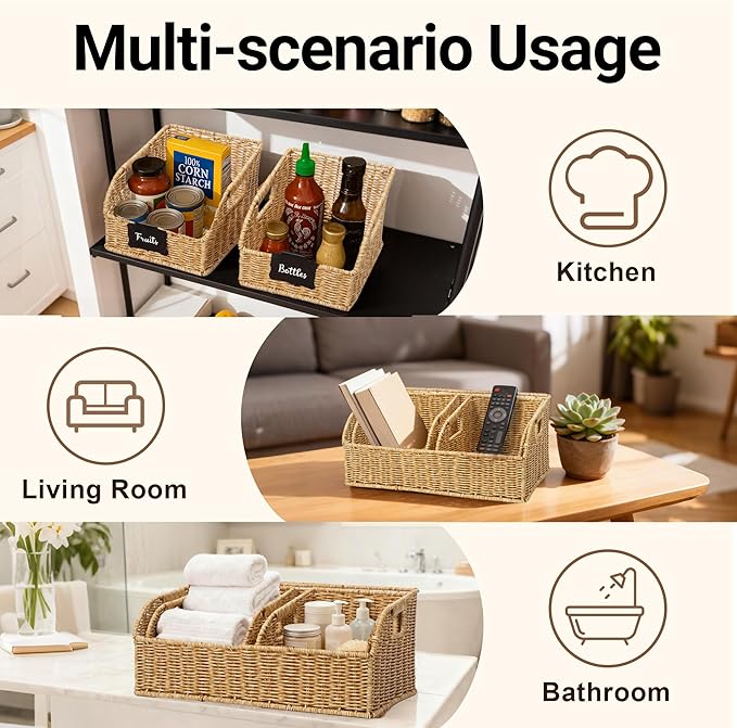 Brownlily Faux Wicker Pantry Storage Baskets, Natural-Single Set (3-Piece) | Handwoven Baskets for Organizing with Built-in Handles, All-Purpose Storage Baskets with Chalkboard for Shelves,Laundry Room - Image 5
