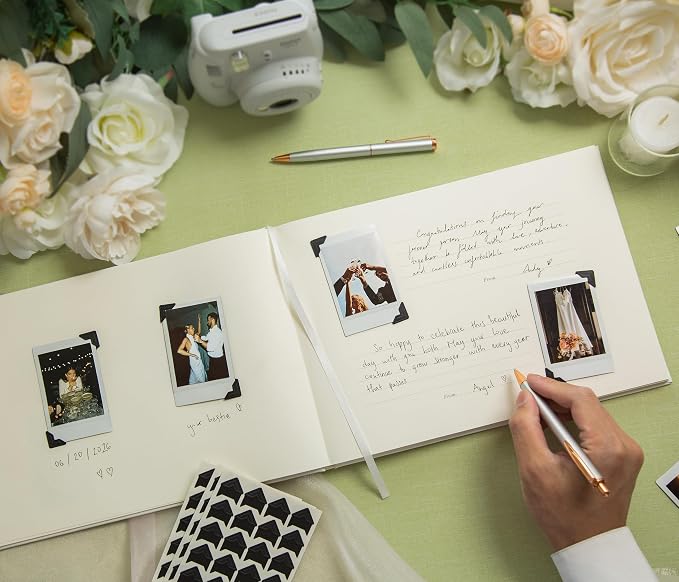 Wedding Photo Guest Book (Eggshell) - 11.5x8.5" White Reception Memory Book | Includes Black Photo Corner Stickers | 140 GSM Thick Paper | 120 Photo Slot & Lined Pages | Hardcover Photo Booth Album - Image 6