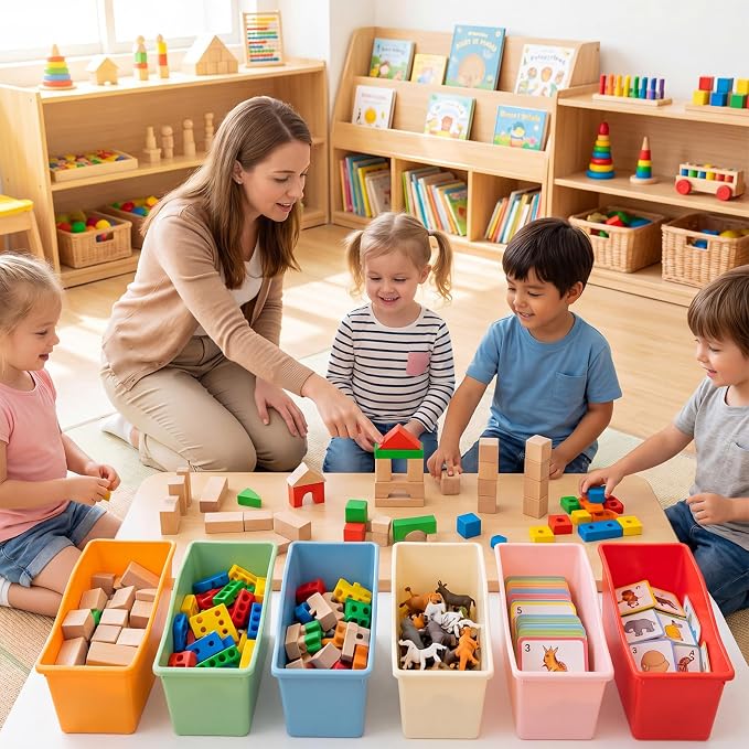 Geetery 12 Pcs Book Bin for Classroom with Labels Stackable Plastic Organizing Bins 11.5 x 5.4 x 7.5 in Book Holders Storage Bins Box Baskets for Classroom Library Home (Macaron Color) - Image 5