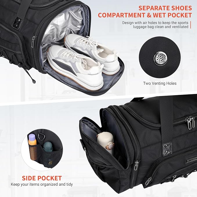 WITZMAN Mens Duffle Bag Expandable 50L Travel Gym with Shoe Compartment | Nylon, Large, With Dry-wet Pocket, Fits 16" Laptop, Carry-on Bag, For Sports Weekender Overnight, B695 Black - Image 5