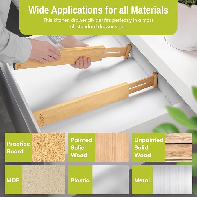 Bamboo Drawer Dividers Adjustable & Expandable, Kitchen Drawer Organizer, Ideal for Silverware, Dresser Drawers Organizer or Bedroom & Bathroom Drawers Organizers (8pk) - Image 2