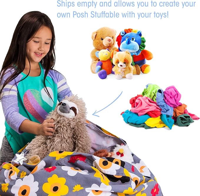 Posh Stuffable Kids Stuffed Animal Storage Bean Bag Chair Cover - Childrens Toy Organizer, Large 38" - Canvas Multicolored Flowers on Gray - Image 3