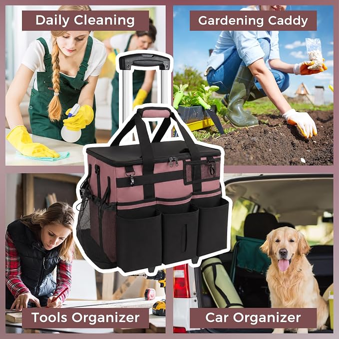 SCAVATA Rolling Cleaning Caddy Bag with Detachable Trolley & Wheels | Large Cleaning Supply Organizer, Portable Multi-Pocket Cleaning Cart for Housekeeper, Adjustable Shoulder Strap, LotusPink - Image 7