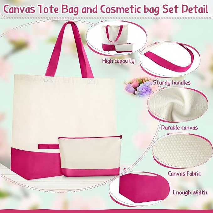Sanwuta 30 Pcs Canvas Tote Bags Bulk with Zipper Cosmetic Pouch,Rose Red | 18.5" Reusable Cotton Shopping Bag with Handle for DIY Craft - Image 4