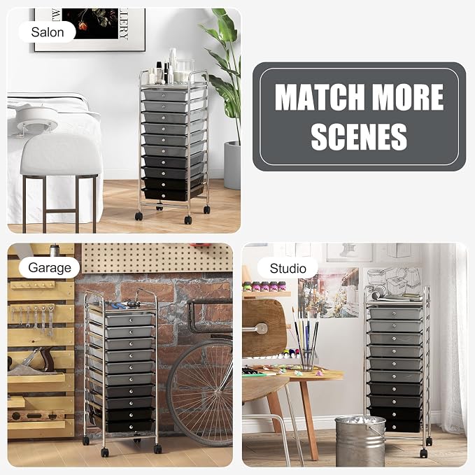 GOFLAME 10-Drawer Rolling Storage Drawer Cart, Utility Cart with Removable Drawers & Metal Frame, Mobile Art Craft Drawer Cart with Lockable Wheels for Home, Office, Studio, School, Gray Gradient - Image 8