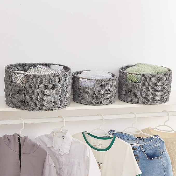 Wicker Storage Basket, Hand-Woven Paper Rope Large Round Woven Basket With Handles, Wicker Baskets for Organizing/Storage, Grey, 3-Pack - Image 7