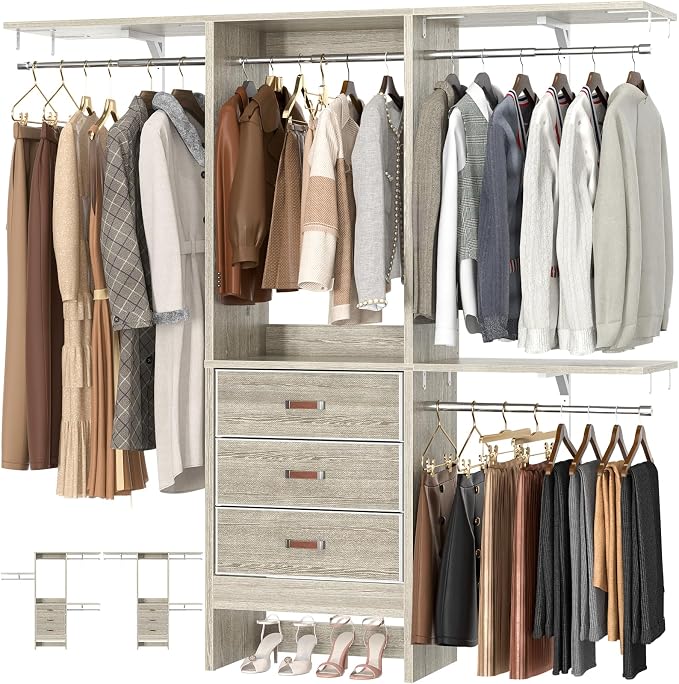 5FT Small Closet System with 3 Fabric Drawers, 60'' Walk In Closet Organizer System With 3 Adjustable Shelves, Heavy Duty Clothes Rack Built-In Garment Rack, 59" L x 16" W x 71"H, White Oak by Armocity