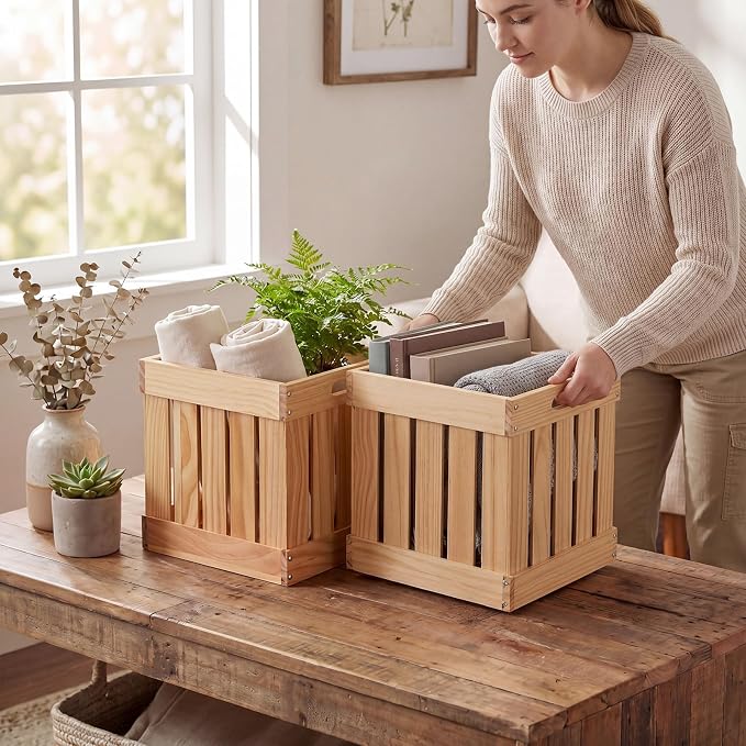2 Pack Wood Crates Large Wooden Storage Cubes with Handles Rustic Handmade Baskets Farmhouse Decorative Cubes Boxes Containers Organizing Bins for Display Toy Clothes Book, 11 x 11 x 11 Inch - Image 7